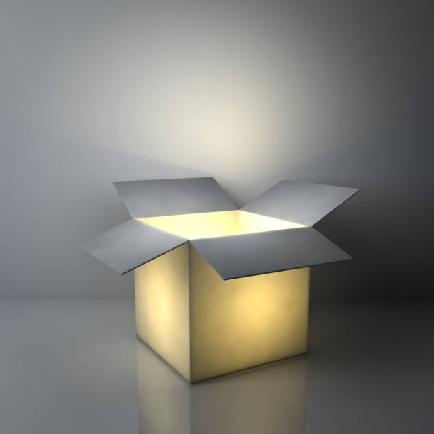 istock Creative idea concepts , One luminous opened light box glowing on dark grey background with reflections and shadows. 3D render 693551168
