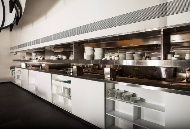 istock Professional kitchen, view counter in steel 693553350