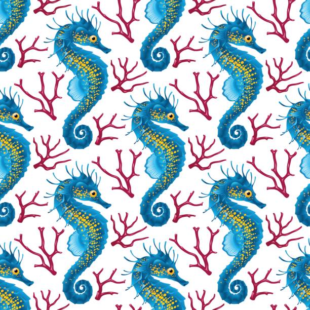 Vector Seamless Pattern whith Seahorse and Coral vector art illustration
