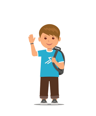 Cartoon School Boy With School Bag Is Waving His Hand Back To School Stock  Illustration - Download Image Now - iStock