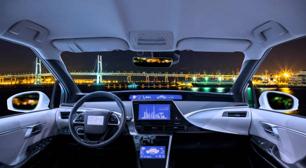 city panorama view looking form empty car cockpit, various screens and heads up displays