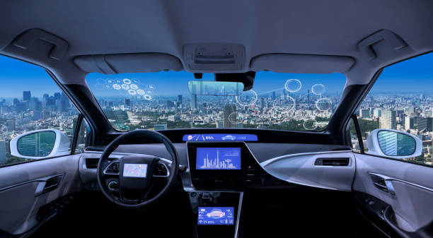 istock city panorama view looking form empty car cockpit, various screens and heads up displays 693567204
