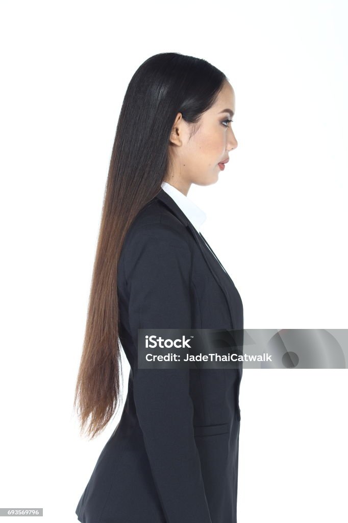 Business Woman In Black Suit And Trouser Long Hair Stock Photo - Download  Image Now - 20-29 Years, 30-39 Years, Adult - iStock