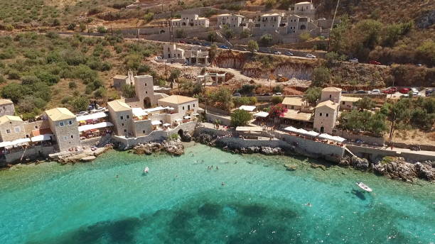 Aerial drone photo of Mani area in Peloponnese, Laconia, Greece stock photo