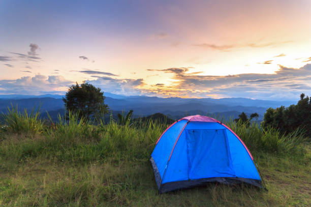 istock Blue tent standing on grass at top of mountain with sunset 693576552