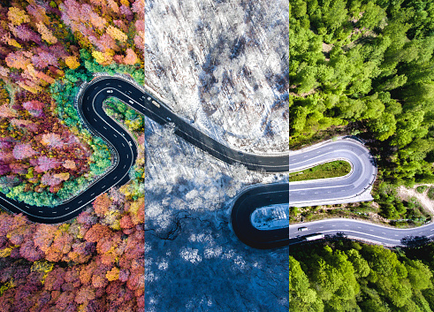 Winding road in the forest. Autumn, summer and winter time colage. Top down aerial view from a drone.