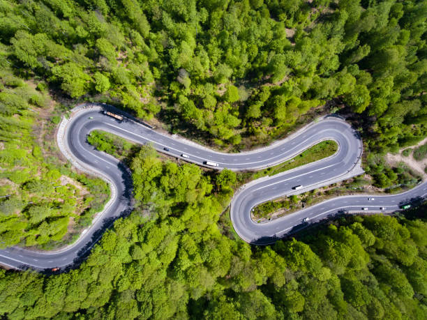 Curved road in the forest. Transylvania, Romania, Europe. Cars passing on road. stock photo