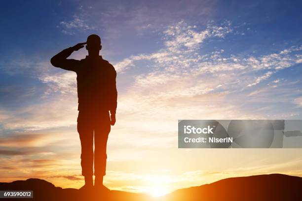 Soldier Salute Silhouette On Sunset Sky Army Military Stock Photo - Download Image Now