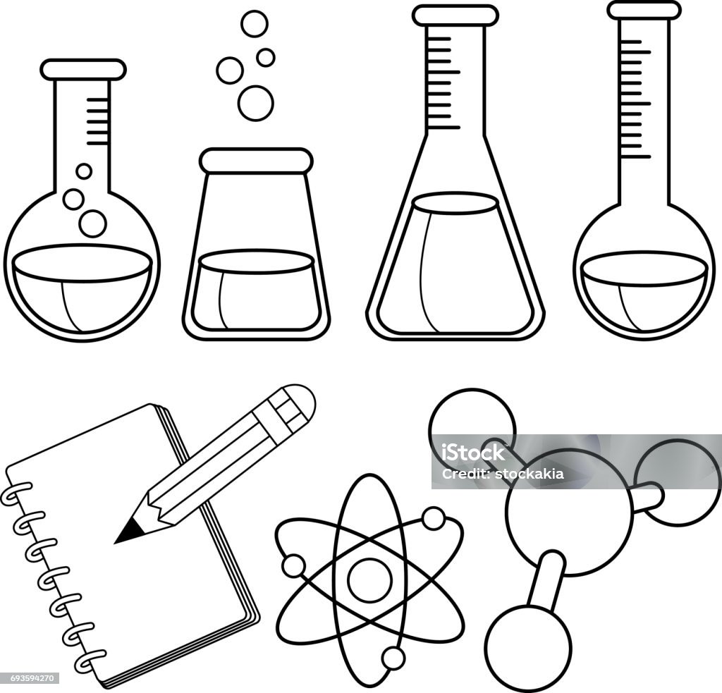 Science and chemistry set. Black and white coloring book page Science and chemistry collection: test tube bottles filled with chemicals, notebook, pencil, molecule and atom. Black and white coloring book page Science stock vector