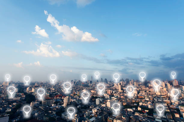istock Map pin in cityscape and network connection. Connection concept. 693602906