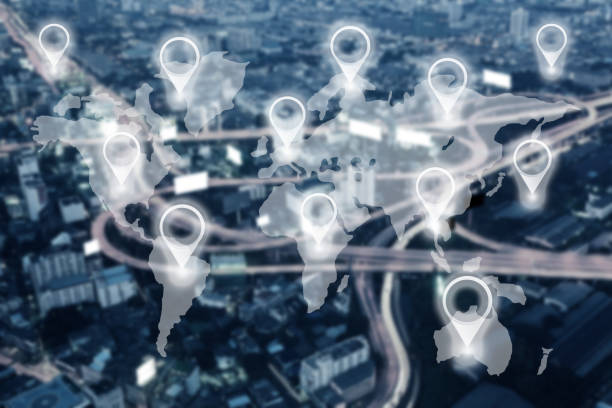 istock Map pin in cityscape and network connection. Connection concept. 693605002