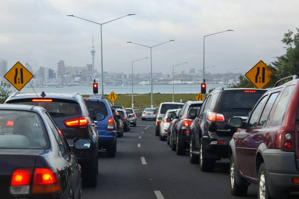 Traffic jam in Auckland, New Zealand. Traffic jam in Auckland, New Zealand. Auckland has the longest morning peak-time in Australasia, from 5am - 10am. auckland region photos stock pictures, royalty-free photos & images