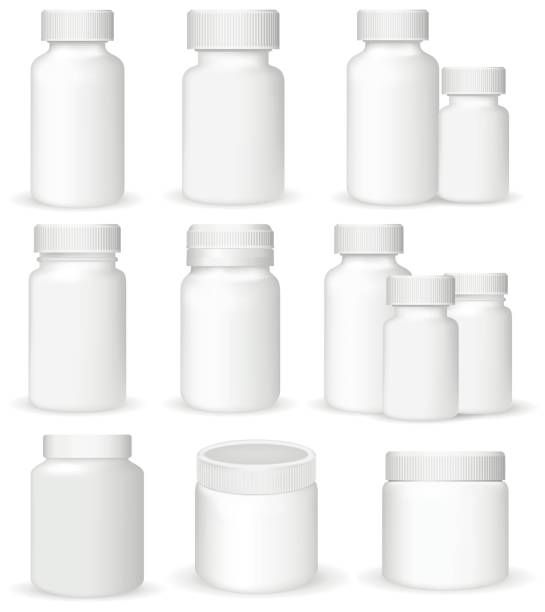 satz von sanitäts-container, realistische vektor-illustration - capsule vitamin pill white background healthcare and medicine stock-grafiken, -clipart, -cartoons und -symbole