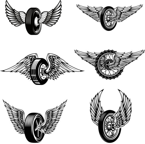 ilustrações, clipart, desenhos animados e ícones de conjunto de pneus de carro alado em fundo branco. elementos de design para o rótulo, o emblema, o sinal. ilustração vetorial - coat of arms retro revival banner dirty