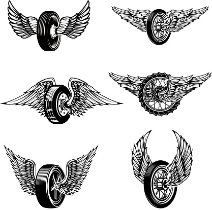 Set of winged car tires on white background. Design elements for label, emblem, sign.Vector illustration