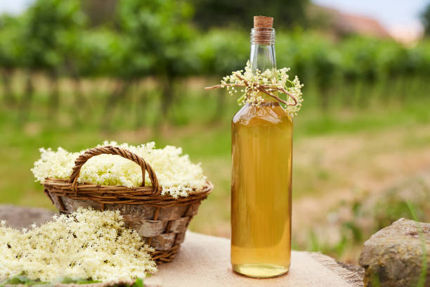 hausgemachter holunderblütensirup in einer flasche - holunderlikör stock-fotos und bilder