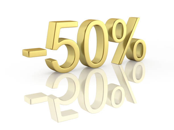 istock Gold text 50 percent off on white background with reflection 3D render 693624278