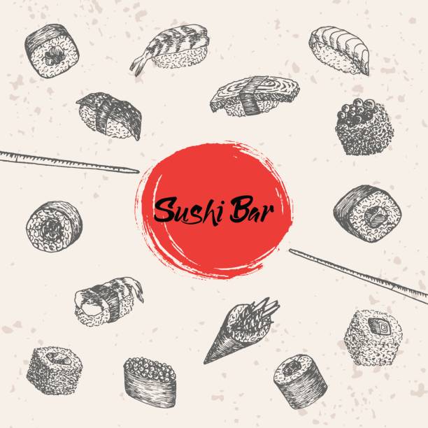 ilustrações de stock, clip art, desenhos animados e ícones de sushi and rolls hand drawn illustration. vector sushi bar lettering. - japanese cuisine temaki sashimi sushi