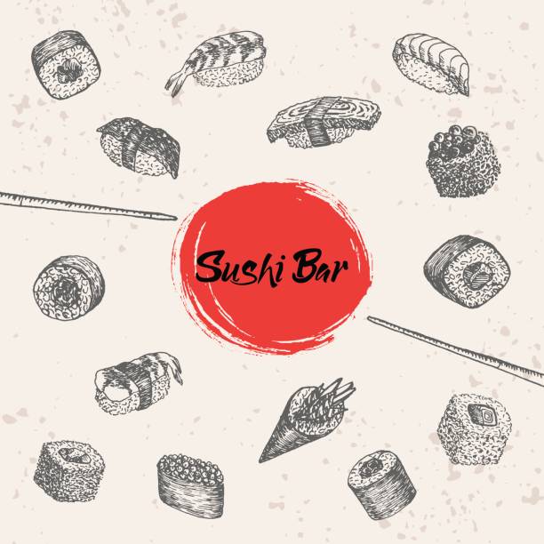 bildbanksillustrationer, clip art samt tecknat material och ikoner med sushi och rullar hand dras illustration. vector sushi bar bokstäver. - sushirulle
