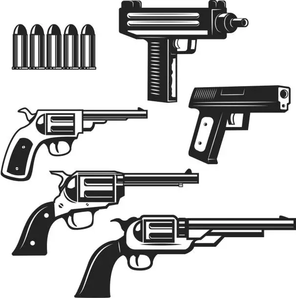 Vector illustration of Set of handguns and revolvers isolated on white background. Design elements for label, emblem, sign. Vector illustration