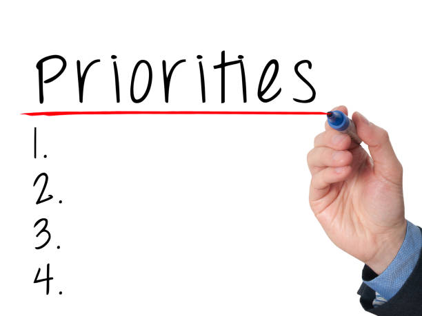 istock Business man hand writing Priorities list with marker isolated on white 693625132