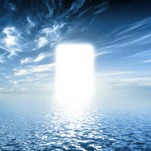 Photo of Gate to paradise, way on water towards light, new world, God.