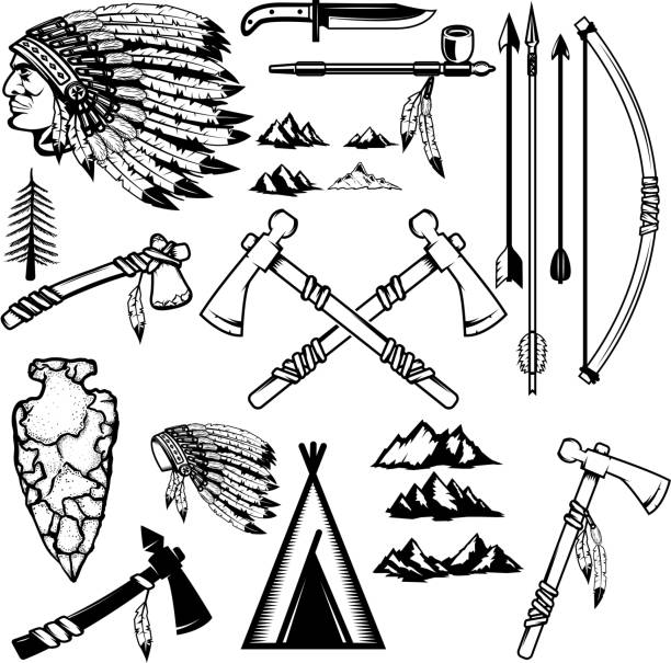 illustrations, cliparts, dessins animés et icônes de jeu d’arme amérindiens. icônes de montagnes. éléments de conception de logo, étiquette, emblème, signe, affiches. illustration vectorielle - wigwam
