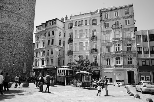 Istanbul,Turkey-June 04,2017:Galata District in Istanbul.People walking and shopping on the street.