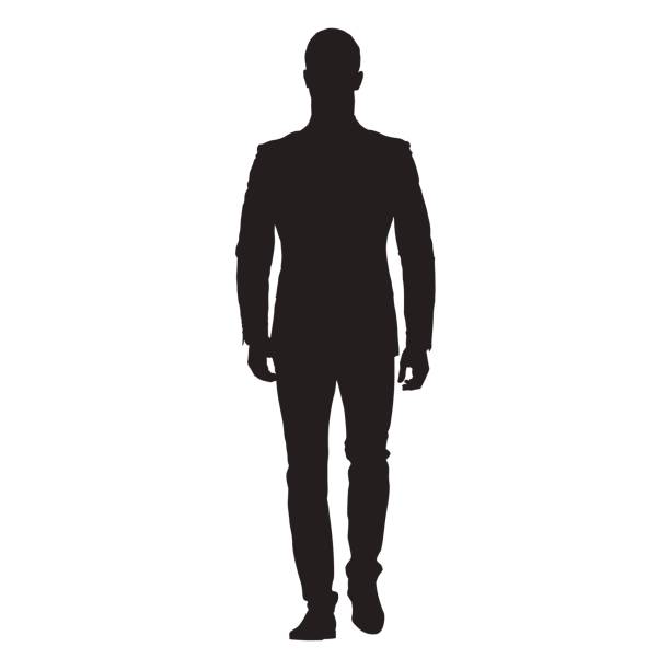 illustrazioni stock, clip art, cartoni animati e icone di tendenza di uomo d'affari che cammina in avanti, vista frontale dell'uomo adulto in giacca e cravatta, silhouette vettoriale isolata - manager portrait leadership men