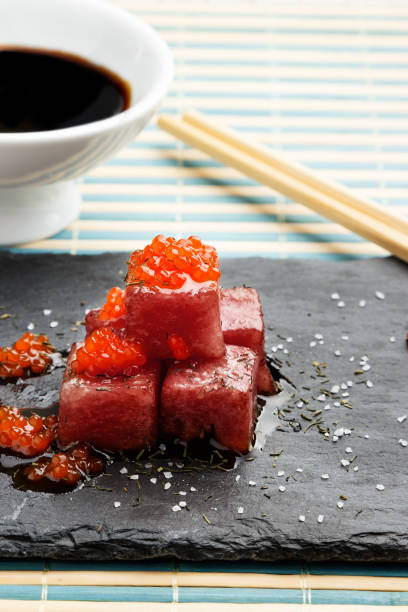 istock Red tuna sashimi with salmon roe. 693644350