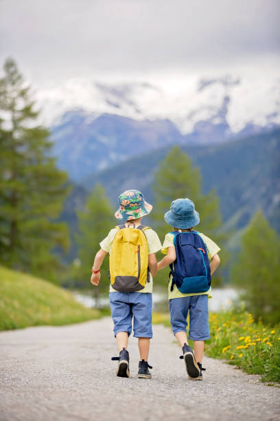 deux enfants, garçon frères, marcher sur un petit chemin dans les alpes suisses, randonnée montagne avec les sacs à dos, cueillir herbes et fleurs - dandelion snow photos et images de collection