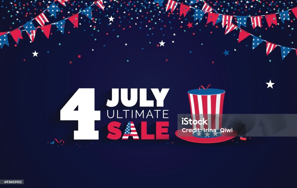 USA Independence day Sale vector illustration. USA Independence day Sale vector illustration. Sale poster with confetti, bunting flags, text and hat. Fourth of July stock vector