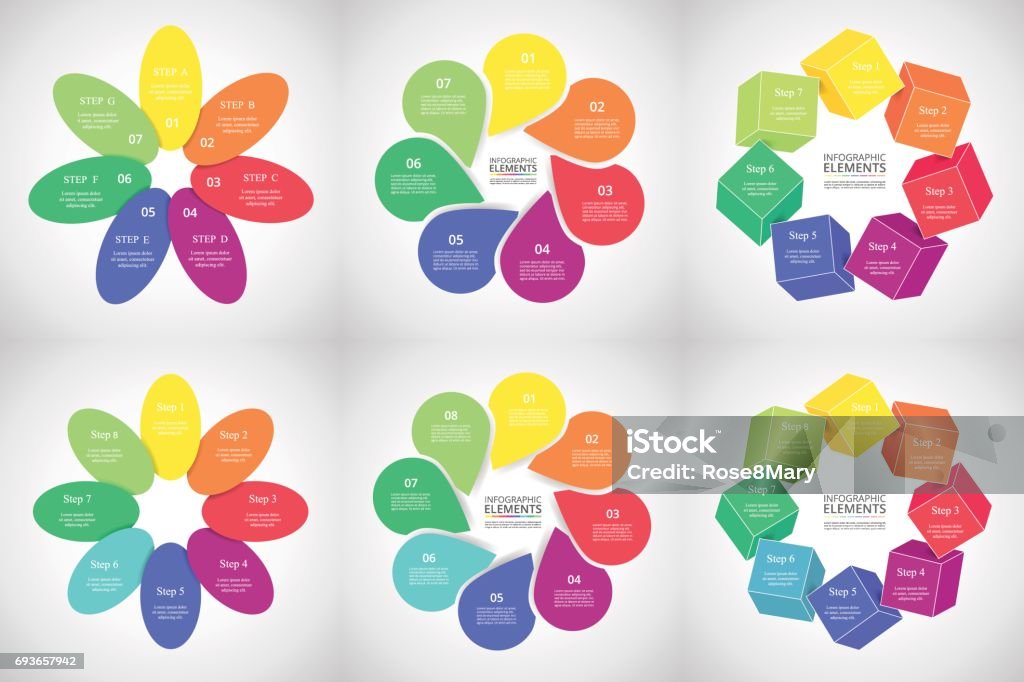 Vector circle infographics set Templates for diagram, graph, presentation and chart. Business concept with 7 and 8 options, parts, steps or processes. 8-9 Years stock vector