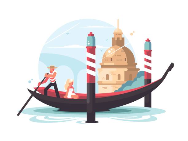 Gondolier transports woman in gondola Gondolier transports woman in gondola on water channel. Vector illustration venice italy canals stock illustrations