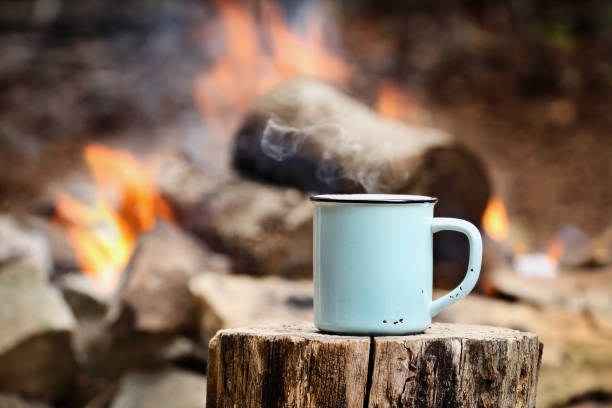 Coffee by a Campfire Blue enamel cup of hot steaming coffee sitting on an old log by an outdoor campfire. Extreme shallow depth of field with selective focus on mug. campfire stock pictures, royalty-free photos & images