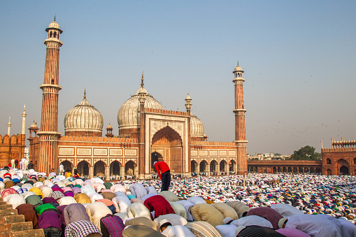 Thousands of Muslims gather to offer Eid-Ul-Fitr(Eid) prayer at Old Delhi Jama Masjid, India.