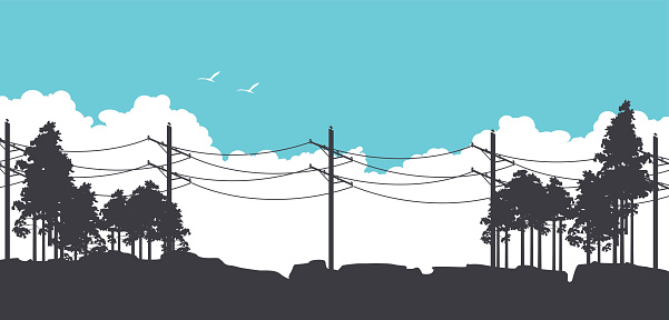 Vector illustration of horizontal banner fictional landscape silhouettes of trees against the blue sky