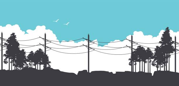 Horizontal nature banners Vector illustration of horizontal banner fictional landscape silhouettes of trees against the blue sky power line stock illustrations