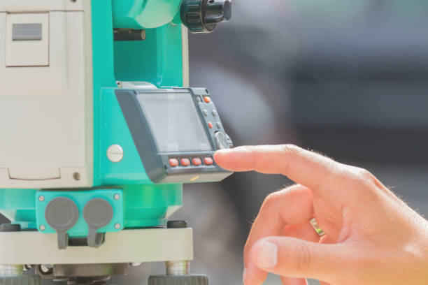 istock Theodolite instrument for measuring angles in construction industry. 693669856