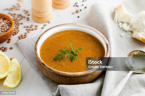 Lentil Soup In A Rustic Bowl Stock Photo - Download Image Now - Soup, Lentil, Brown