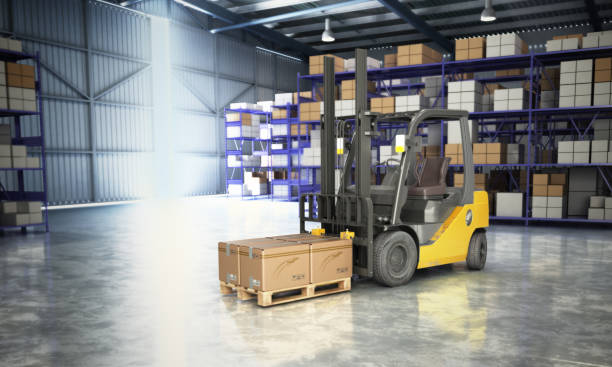 istock Concept of warehouse The forklift in the big warehouse delivery background 3d illustration 693673708