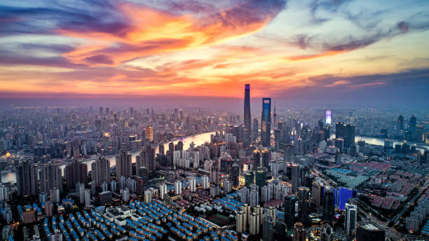istock dramatic sunset aerial view of Shanghai 693677616