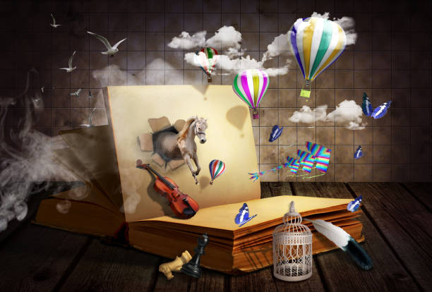 Reading concept2.Abstract in book.The book on the table with flying chaos, enveloped in haze.