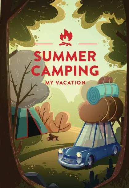 Vector illustration of Natural Landscape With Holiday Camp In Forest