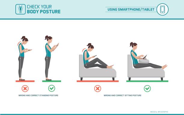 Smartphone ergonomics Smartphone and tablet ergonomics: how to use mobile devices correctly when standing and sitting, posture correction adjusting seat stock illustrations