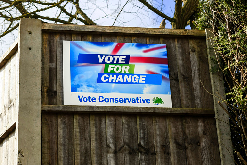 Conservative Party supporters banner in a Dorset neighborhood before the UK General Election