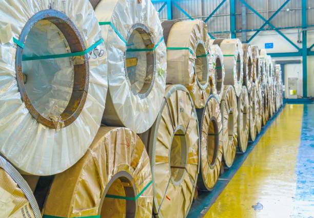 istock Rolled steel, Plate in factory warehouse 693696012