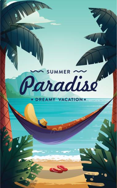 Tropical paradise poster Tropical paradise poster. Seaside view with a hammock and palms. Summer vacation concept background. Vector. perfection illustrations stock illustrations