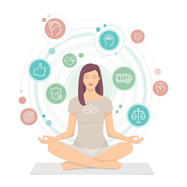женщина практикующих медитацию осознанности - yoga women emotional stress praying stock illustrations