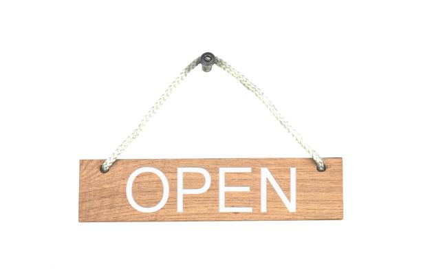 istock Wooden sign with rope: Open 693697902
